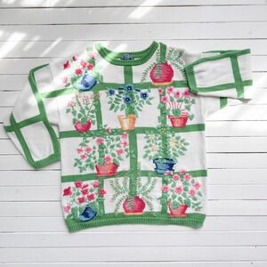 vtg Cambridge‎ Dry Goods white green house plant embroidered sweater size L